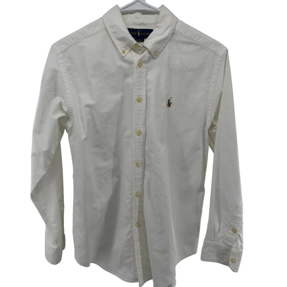 Ralph Lauren Boys White Cotton Oxford Long Sleeve Button Down Shirt Size 14